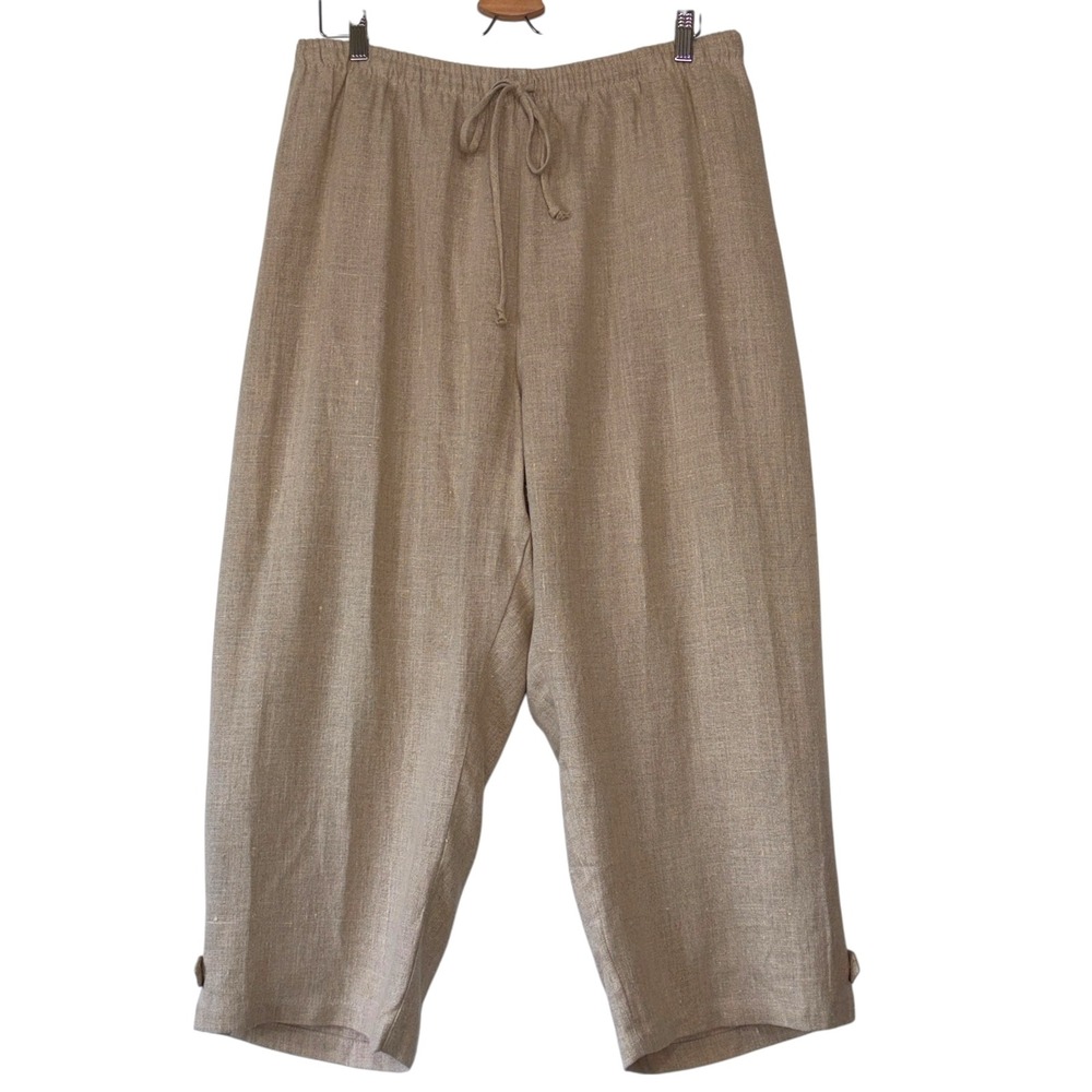 Silhouettis Linen Crop Pants Women 2X Tan Elastic Drawstring Coastal Boho Beige